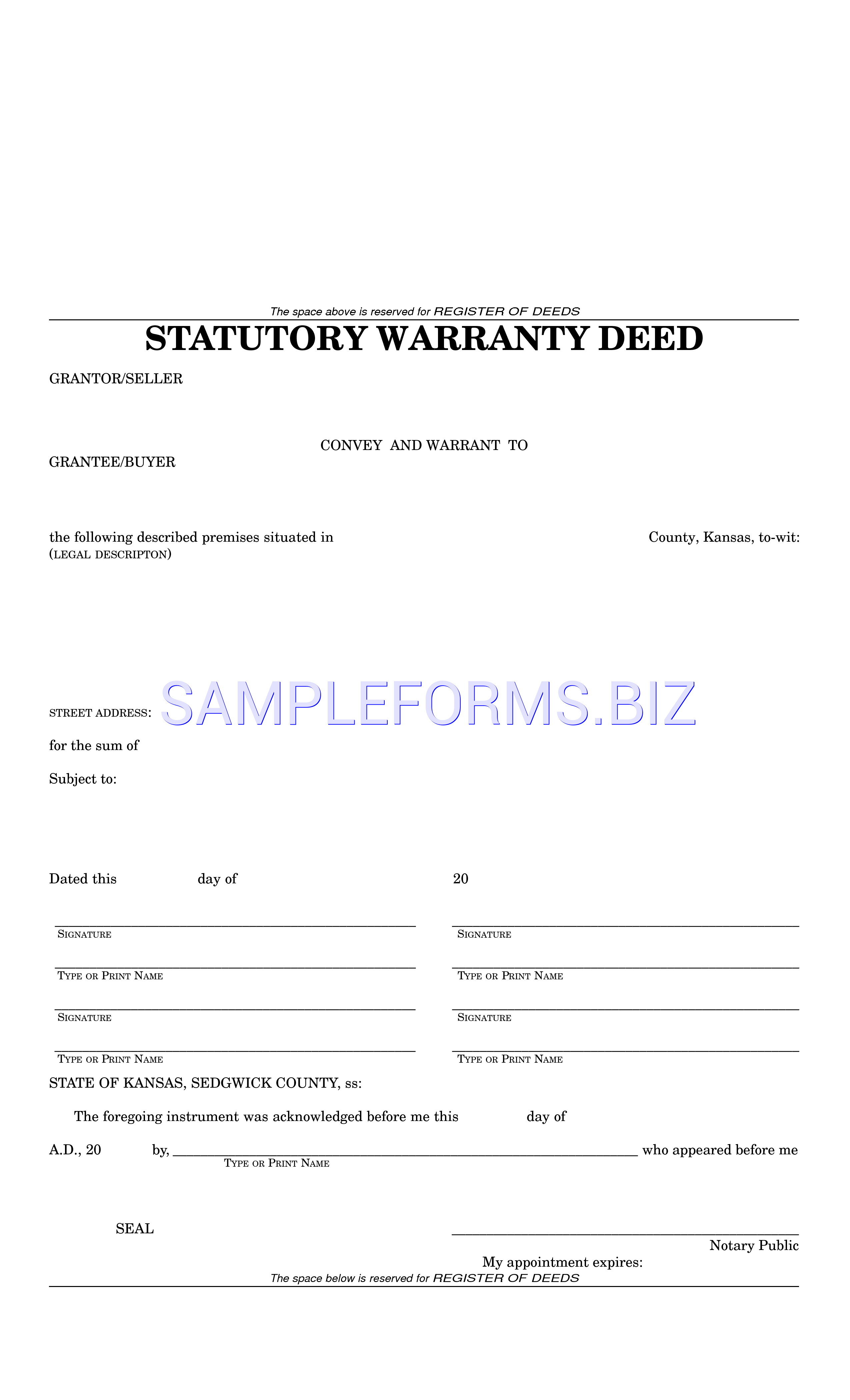 Preview free downloadable Kansas Statutory Warranty Deed (Sedgwick County) in PDF (page 1)